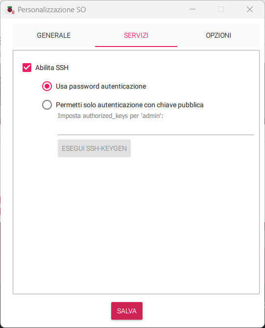 Raspberry Pi Imager - Services Settings